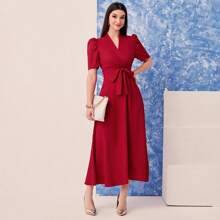 Vestido rojo casual y elegante de cuello en V cruzado, de manga larga, para mujer, de primavera y verano - Burdeos - Ver 6