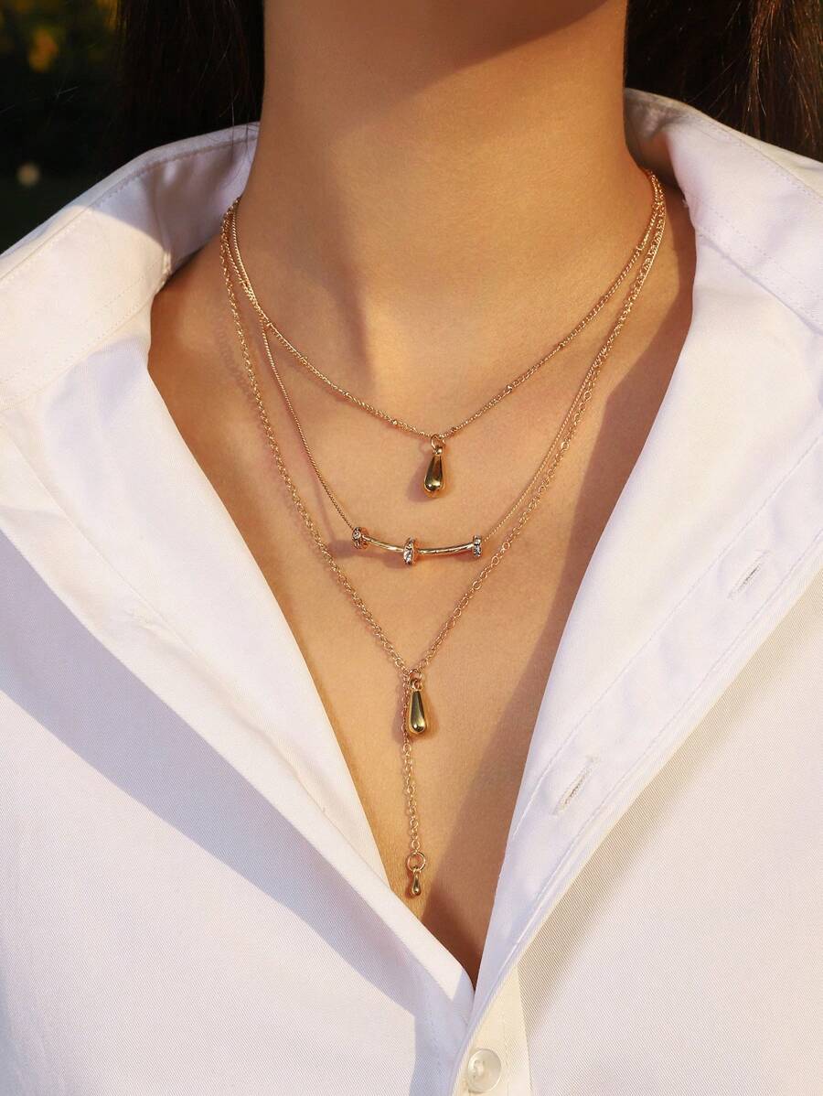 1 Set Of 3pcs Casual Minimalist Fashion Classic Metal Chain Teardrop Smiling Face Pendant Necklace Set. Unique Niche Multilayered Metal Tassel Design, Suitable For Women To Wear Daily, Vacation, Party - Gold - View 1