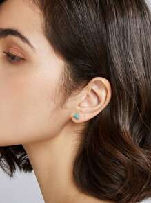 1 Pair Turquoise Triangle Stud Earrings, S925 Sterling Silver Platinum Plated Fashion Luxury Ear Studs, Unisex - Silver - View 5