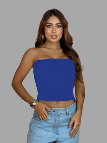 Cropped Top tube Feminino Sem Alça e Sem Bojo Básico Dupla Camada de Suplex Modelador slim fit tomara que caia - Azul - Visão 5