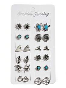 12 Pairs Bohemian Vintage Earrings With Starfish, Turtle, Fish Tail Designs, Everyday Wear Creative Earrings - Silver - View 4