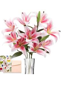 12 Heads Artifical Lily Flowers, Long Stem Artificial Stargazer Lilies With 9 Heads Full Bloom Lily & 3 Lily Buds-Faux Tiger Lily Bouquets For Home Hotel Flower Arrangement Party Wedding Decor Gift - 粉色 - 查看 6