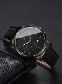 2 件套：男士时尚经典罗马数字表盘石英表和皮带（不含表盒）