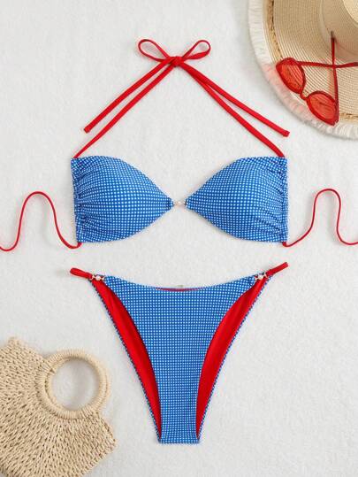 Plus Size Plaid Tankini Set, Cute Summer Beach Swimwear