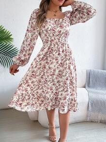 Autumn And Winter Leisure Vacation Small Floral Solid Color Square Neck Long Sleeve Women's Dress - trắng - Xem 5