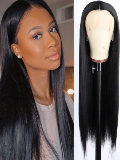 24 英寸黑色直发合成假发，带自由式合成蕾丝前部，适合日常佩戴