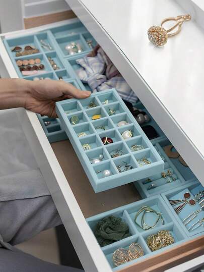 4/1 件天蓝色珠宝储物托盘管理器托盘，优雅可堆叠天鹅绒珠宝管理器 - 表面磨损，适用于便携式多功能存储戒指、耳环和项链，带抽屉的大型可堆叠珠宝托盘