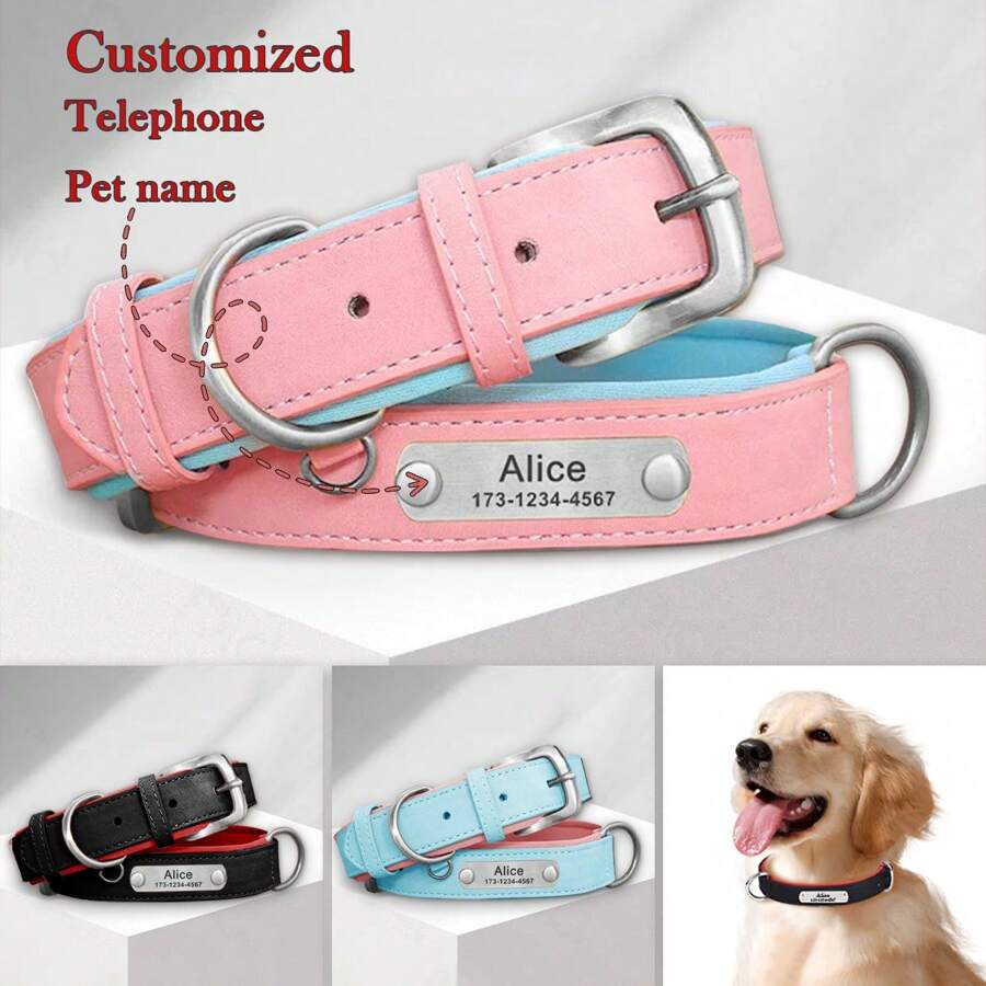 Collar de perro personalizado de PU con almohadilla de goma suave y cómoda, placa de identificación personalizada para perros pequeños y medianos, collar resistente - Multicolor - Ver 1