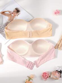 2 piezas Sostén bandeau con ribetes de unicolor y push-up, cómodo con tirantes desmontables para adolescentes