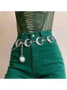 Retro Sun, Moon & Star Pendant Waist Chain, Single Layer Metal Belt Chain, For Women Summer, School Fall, Autumn, Halloween
