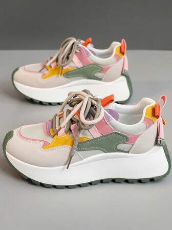 1 Pair Women Color Sneakers Round Toe Outdoor Lace-Up Waterproof Leather Platform Shoes, Spring Autumn