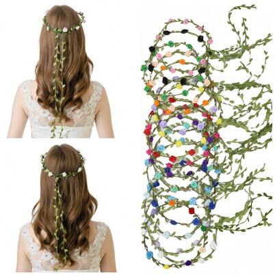 1件简约绿色树叶森林主题新娘派对头饰、花环、海边度假拍照道具、发饰、逼真玫瑰头饰、沙滩拍照头箍、发饰、婚礼、准新娘、皇冠、头饰