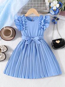 Young Girls Pleated Frill Trim Solid Color Round Neck Dress With Belt - Baby Blue - View 1