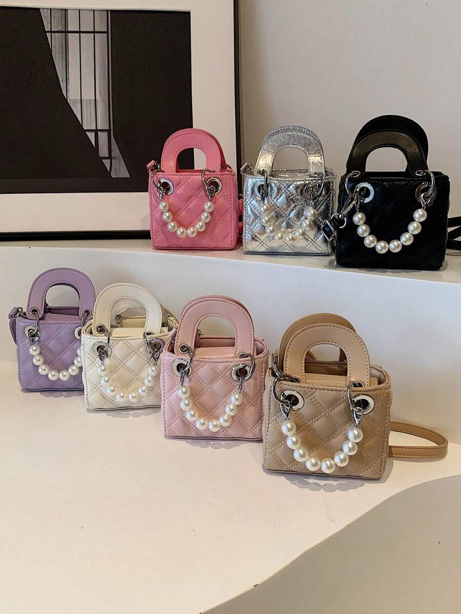 New Embroidered Pearl Chain Handbag Shoulder Bag Phone Mini Square Purse - A - View 1