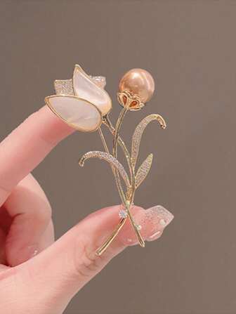 1pc Vintage Elegant Brooch, Natural Shell Tulip Brooch