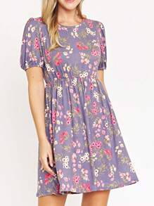 Black Yellow Ditsy Floral Puff Short Sleeve Wrap Tie Surplice V Neck  Mini Dress Swing Southern Dress | Small -3 XL - 紫丁香色 - 查看 3