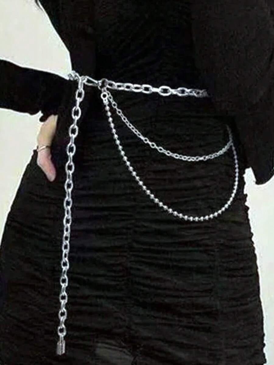 1pc Multi-Layer Fashionable Metal Lock Tassel Waist Chain Summer, School Fall, Autumn, Halloween - Silver - View 1
