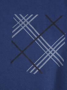 3 件套男士轻便睡衣套装，短袖衬衫和短裤或长裤，夏季格子睡衣套装 - 藏蓝色 - 查看 5