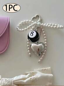Black Number 8 Billiards Ball Heart Charm Elegant Silvery Heart & Faux Pearl Bow Pendant Y2K Accessories Bows