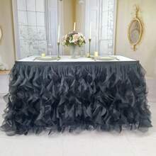 Tulle Ruffle Table Skirt, Mesh Curly Willow Table Skirt Decor, Suitable For Rectangular Tables, Fit For Girls Birthday Party, Baby Christening, Cake, Wedding Bride, Event Party Decoration