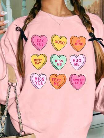 Love Box Pattern Pink Hoodie, Full Of Love Pattern, Love Nine Grid, Lovely Street Style, Different Slogan Love Box Pattern, Spring Women And Girls Sports Fashion Sweatshirt, Daily Wear, Everything, Romantic Atmosphere, Long-Sleeved Crewneck Casual Top