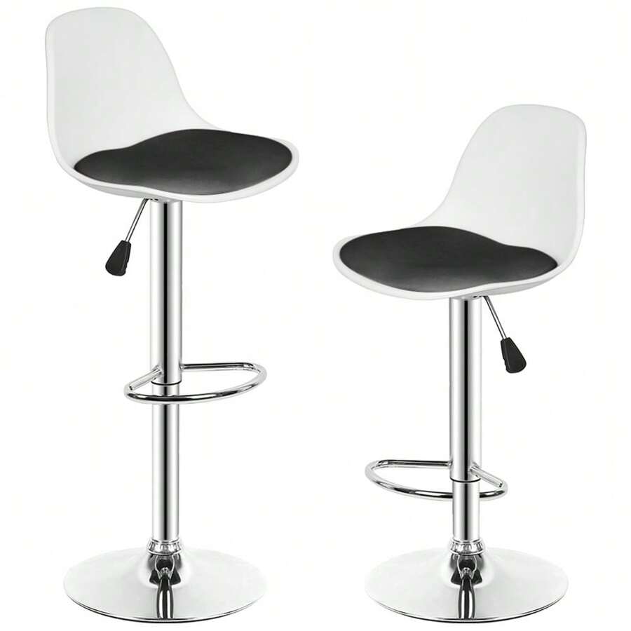 Lot de 2 tabourets de bar, tabouret de bar rembourré avec structure en acier, dossier, chaises de cuisine réglables en hauteur avec repose-pieds, tabouret de comptoir rotatif à 360° pour cuisine, salon, salle à manger - Blanc+Noir - Voir 1