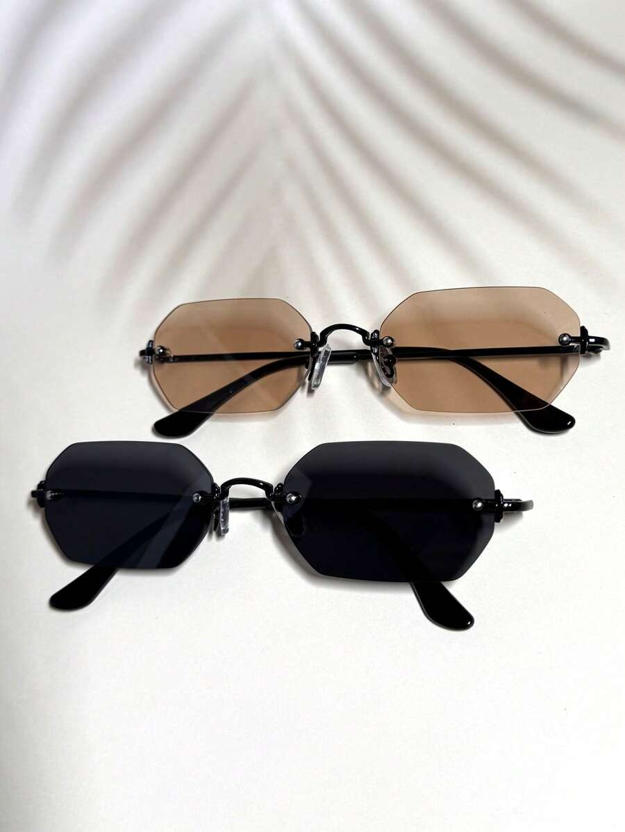 015835340007 2 chiếc kính râm nam gọng đen ánh kim hình lục giác nhỏ màu sâm panh, phối màu chuyển sắc, thích hợp cho đường phố, bãi biển, đi làm hàng ngày, phong cách du lịch cổ điển (kèm dây đeo và khăn lau).