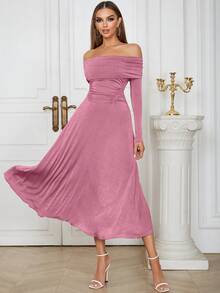 极简性感露肩褶饰长袖修身连衣裙 - 淺粉色 - 查看 5