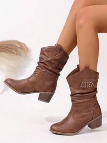 Brown Fringe Rivets Pleated Slip-On Round Toe Chunky Heel Casual Versatile Riding Boots, Commuter Style For Women, Autumn/Winter - Brown - View 2