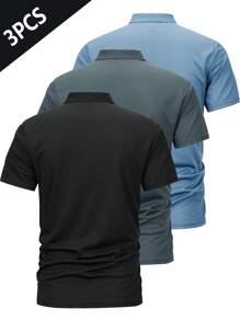 3pcs/Set Men's Sports Polo T-Shirts, Elastic Quick Dry Casual Short Sleeve Polo Tops, Summer - Black - View 2