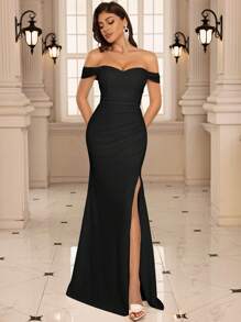EVERLYL 优雅奢华的黑色弹力针织材质露肩美人鱼裙，适合婚礼、派对、舞会、节日、晚会、婚礼宾客礼服、新娘