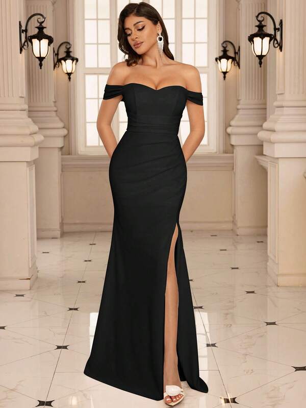 EVERLYL Elegant Luxurious Black Stretch Knit Material Off Shoulder Bust Mermaid Dress, Suitable For Weddings, Parties, Ball, Holiday, Evening Gala, Wedding Guest Dress, Bride