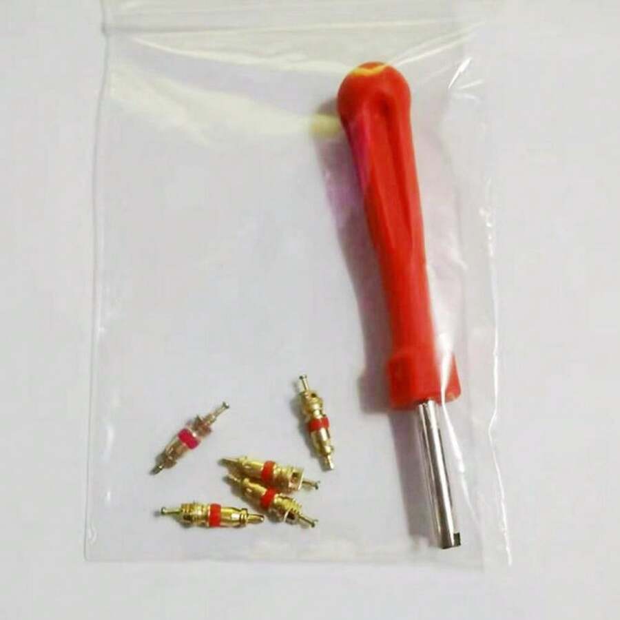 1 Head + 5pcs Zinc Alloy Valve Cores Tire Valve Stem Removal Tool Kit, Metal Structure, Suitable For Car, Motorcycle, Bicycle Tire Repair