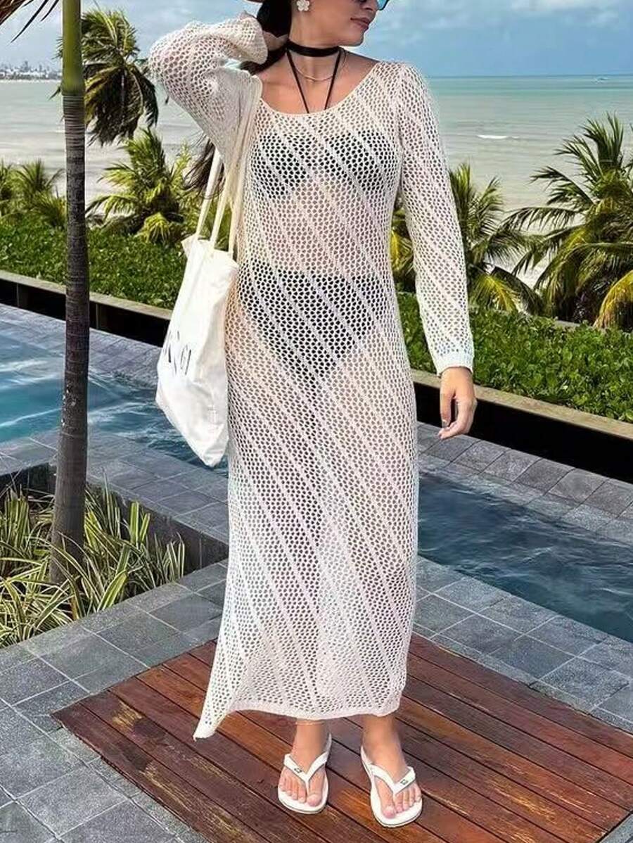 女士圆领透视长袖泳衣罩衫上衣连衣裙夏季节日派对女士服装