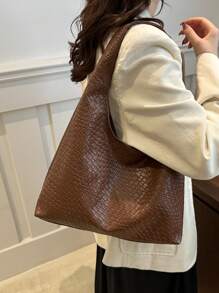 Women's Retro Oversized Tote Bag, Versatile Soft Solid Color Woven Texture Shoulder/Underarm Bag - Coffee - View 6