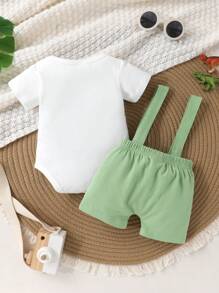 2pcs Set Casual Cute Gentleman Bowknot Decor Playful Dinosaur & Letter Print Romper And Solid Color Overalls Set, Soft Breathable Baby Boy Clothes, Infant Outfit, Newborn Baby Clothing, Baby Birthday Outfit, Suitable For Daily, Vacation, Party, Photo Shoot