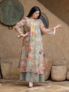 Women's Notched Collar Floral Print, Random Print, 2 In 1, Casual Long Sleeve Arabic Style Dress, Multi-Color, Modest Kaftan