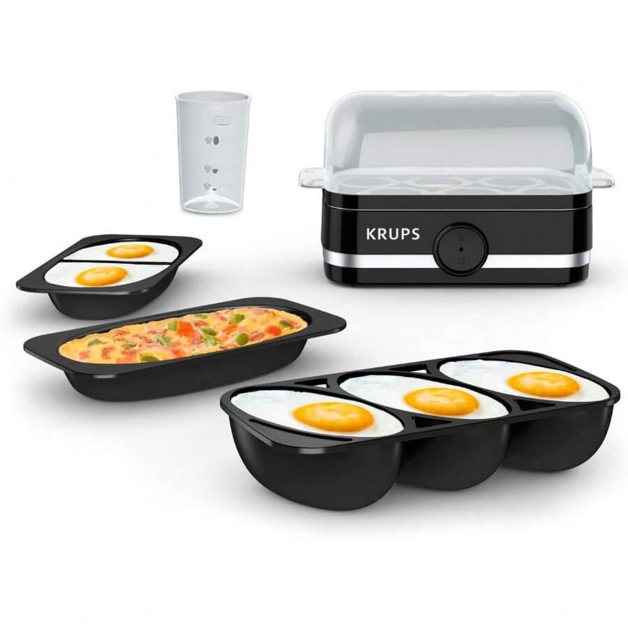 KRUPS: Cocina de huevos de plástico y acero inoxidable, 6 huevos de 400 W, duro, mediano y suave, hervido, escalfado, revuelto, tortillas, color negro - 1 - Ver 1