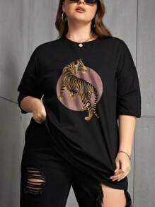 Women's Plus Size Sports Loose T-Shirt With Tiger Print, Suitable For Girlfriends, Family, Friends, Parties, Outdoor Sports' Home; Plus Size Women's Casual T-Shirt, Loose Casual Women's Plus Size Sports Casual Loose Tops