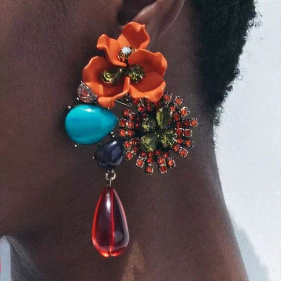 1 Pair Exaggerated Vintage Resin Flower & Water Drop Long Earrings, Stylish And Versatile For Spring/Summer