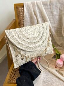 High-Quality Envelope Shaped Woven Paper Rope Clutch Bag, Versatile Shoulder Crossbody Small Purse - Beige - View 3
