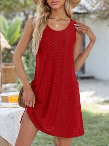 Summer Dresses For Women 2025 Eyelet Casual Loose Sleeveless Sundresses Tank Dresses With Pockets Beach Dress - Đỏ - Xem 5