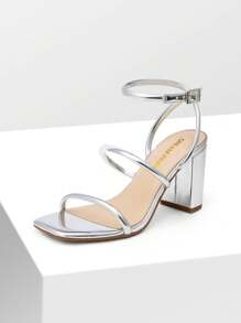 Women Chunky High Heeled Sandals Square Open Toe Rhinestone Decor Strappy Ankle Strap High Heeled Sandals For Wedding Party Valentine's Day - 銀色 - 查看 1