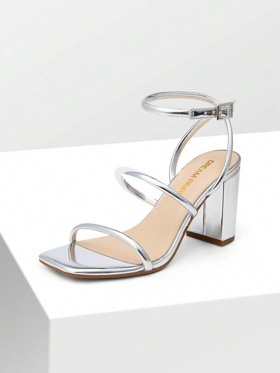Women Chunky High Heeled Sandals Square Open Toe Rhinestone Decor Strappy Ankle Strap High Heeled Sandals For Wedding Party Valentine's Day - 銀色 - 查看 1