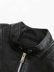 女式短款仿皮夹克，春/秋，立领，薄皮摩托车夹克，D02 - 黑色 - 查看 6