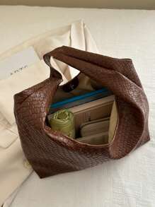 Women's Retro Oversized Tote Bag, Versatile Soft Solid Color Woven Texture Shoulder/Underarm Bag - Coffee - View 4