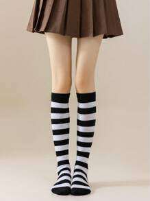 1双/包 女士日式条纹长筒袜 COSPLAY 动漫派对角色扮演条纹少女长筒袜，Y2K风格，舒适袜子