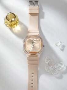 1 pieza Reloj de pulsera cuadrado minimalista casual y económico con correa de silicona para mujer, adecuado para uso diario - Beis - Ver 2