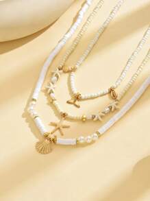 3pcs Bohemian Beach Vacation Style Starfish, Shell, Fish Tail Random Soft Clay & Rice Bead Multilayer Necklace For Women (Avoid Contact With Water) - White - View 3