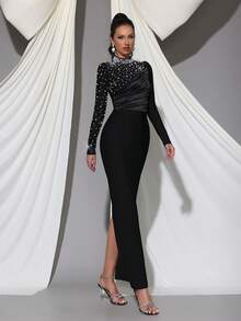 Modphy New Black Sexy Pleated Heavy Pearl Decorated Long Sleeve Fitted Long Tube Dress Wedding Party Evening Gown - Black - View 4